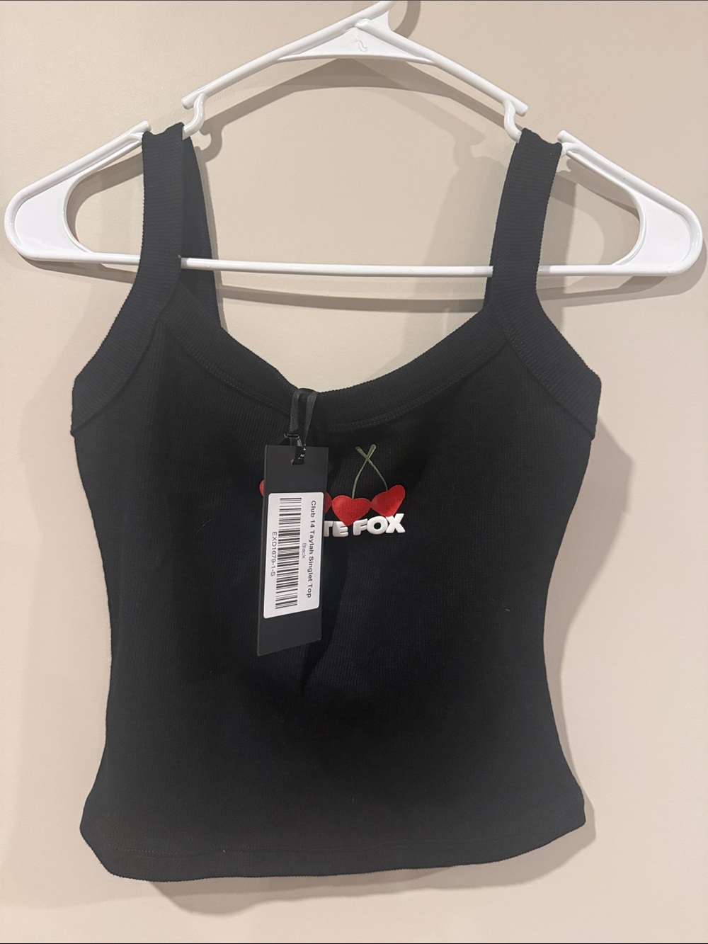 White Fox Black Ribbed Tank Top with Cherry Accent